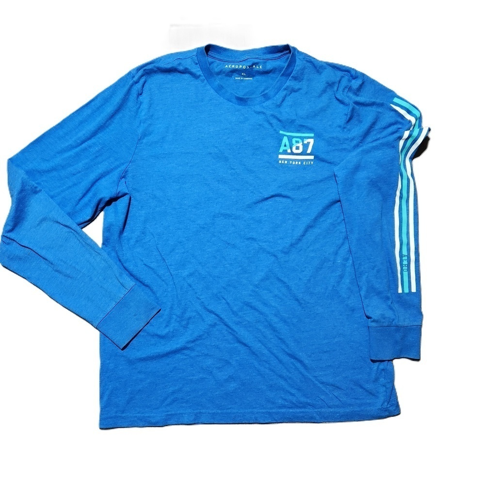Aeropostale Mens Blue Striped Graphic Long Sleeve T Shirt Extra Large